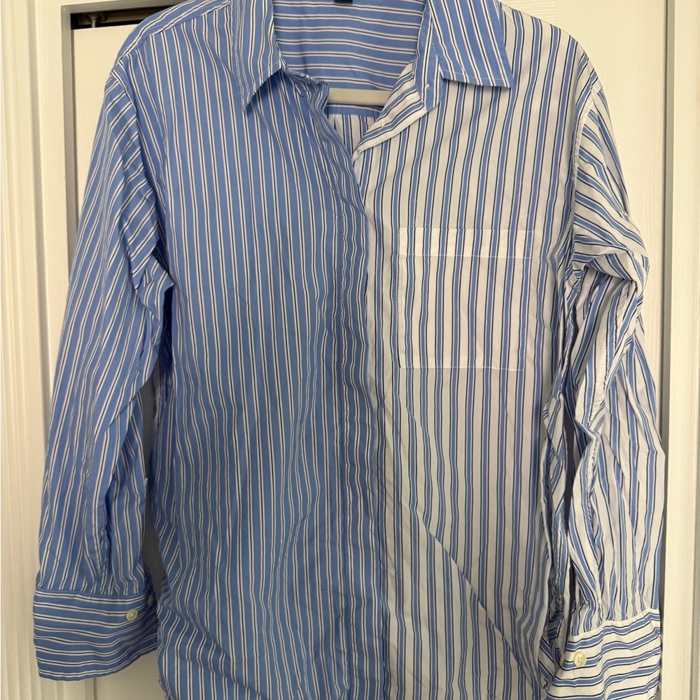 Ann Taylor Blue and White Striped Button Down Shirt